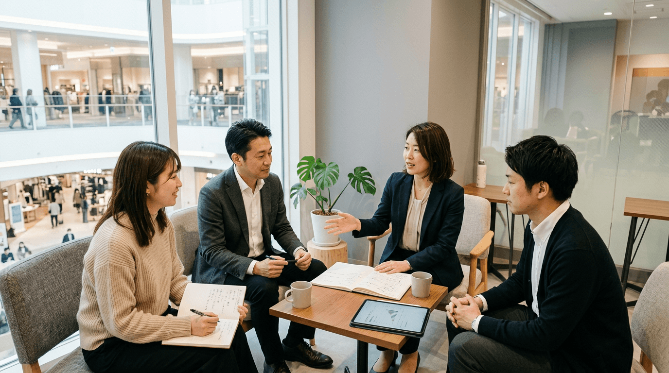 チームで振り返り・共有を行うイメージ